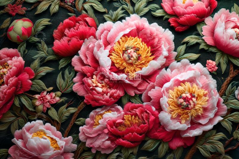 高清大图下载【趣麦麦图】传统纺织刺绣牡丹花开_2