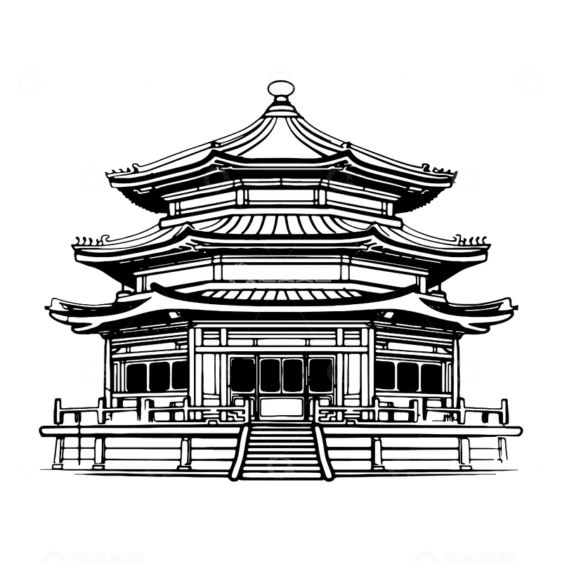 源文件下载【趣麦麦图】-简约瓦房古建筑线稿