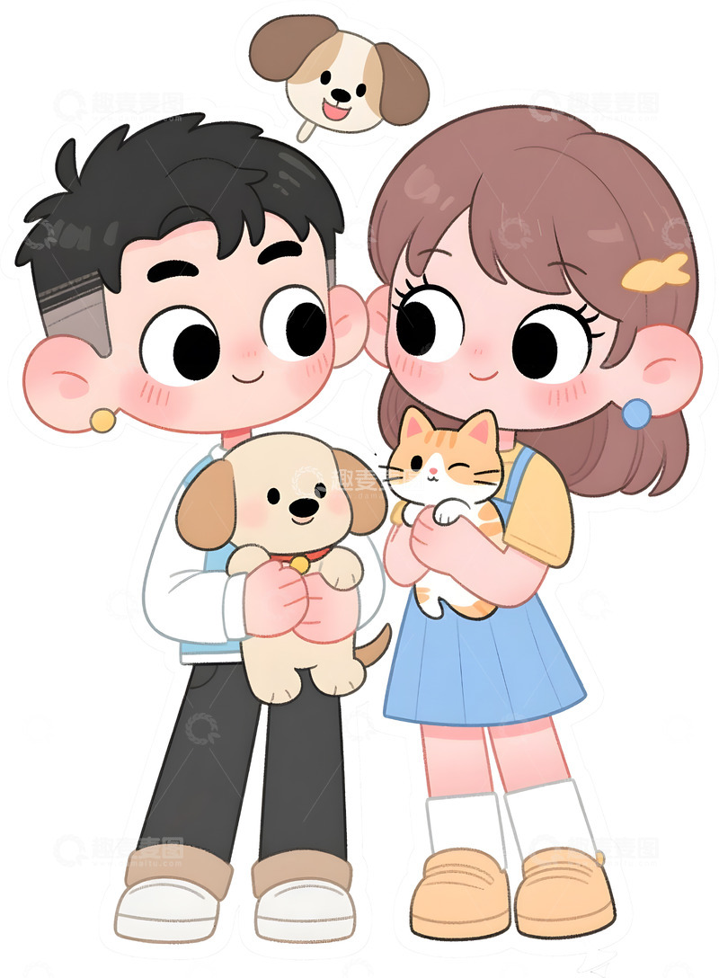 高清大图下载【趣麦麦图】抱着猫狗的卡通人物