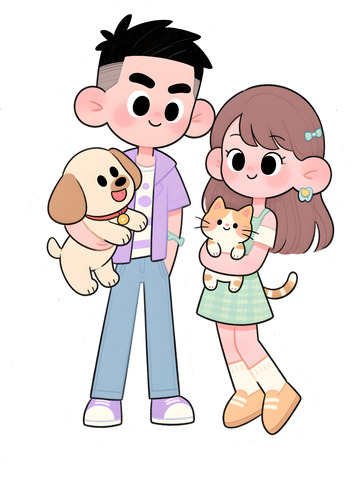 卡通情侣萌宠插画