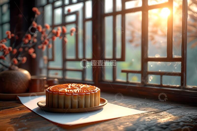 高清大图下载【趣麦麦图】窗前桌上摆放的空白宣纸和月饼_3