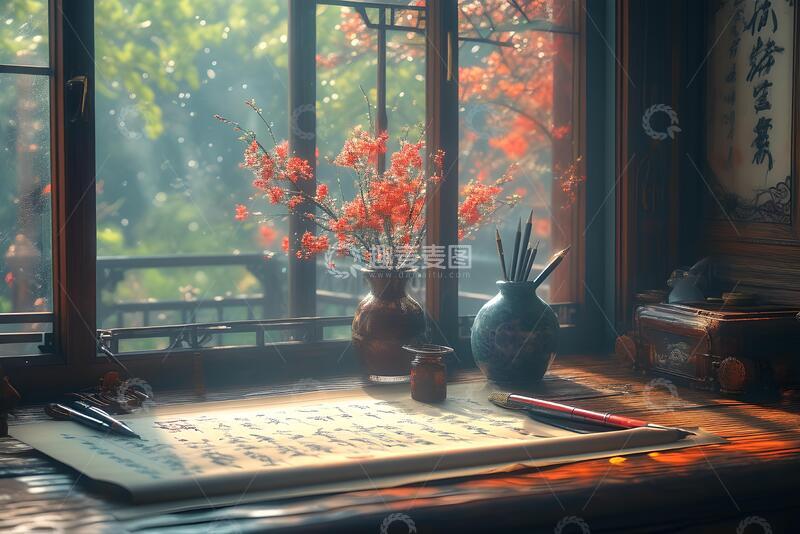 高清大图下载【趣麦麦图】窗前桌子上摆放的笔墨纸砚_2