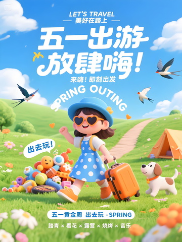 五一假期出游放肆嗨插画海报