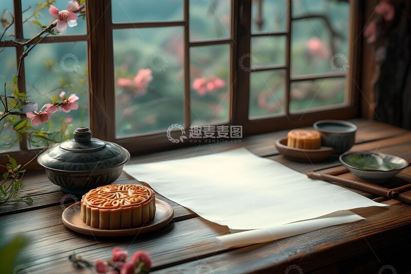 高清大图下载【趣麦麦图】窗前桌上摆放的空白宣纸和月饼_4