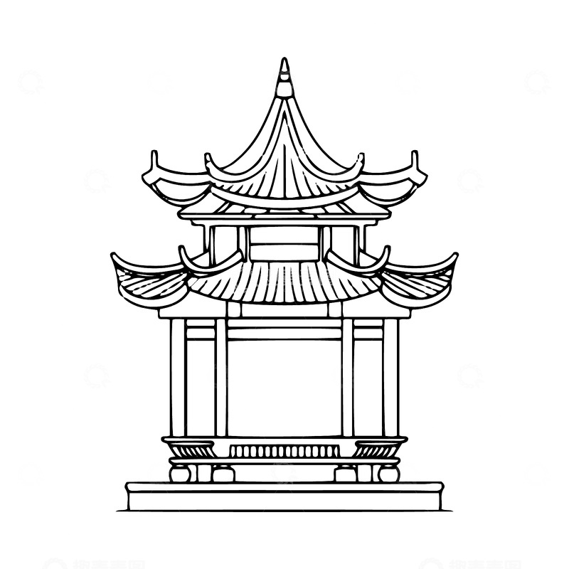 源文件下载【趣麦麦图】-石亭凉亭亭子黑白线描建筑线稿建筑物