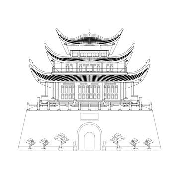 城楼门楼城门楼阁黑白线描建筑线稿