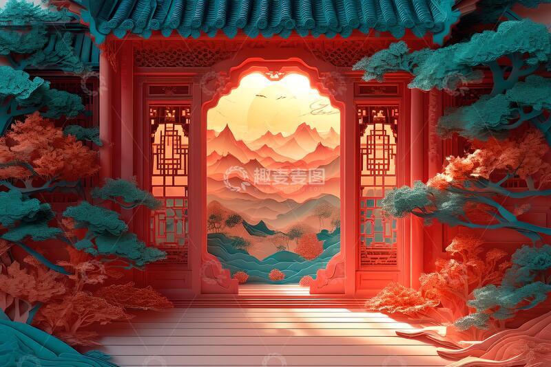 高清大图下载【趣麦麦图】窗框里的中式建筑剪纸_6