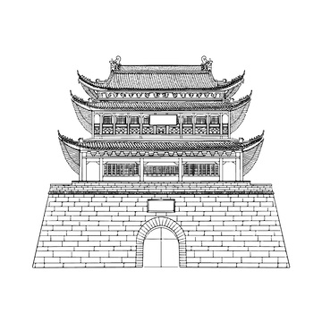 城楼城门楼阁黑白建筑线稿线描插画