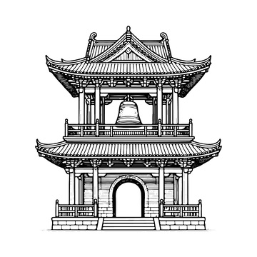 钟楼楼阁塔楼黑白线描建筑线稿建筑物