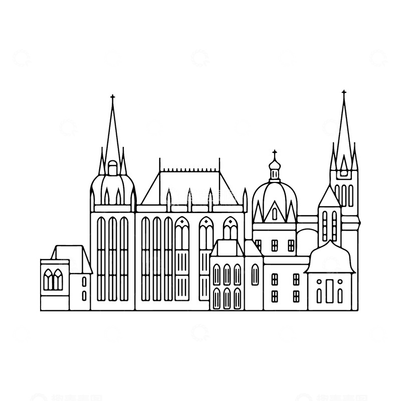 源文件下载【趣麦麦图】礼拜堂教堂城堡房屋黑白线描建筑线稿