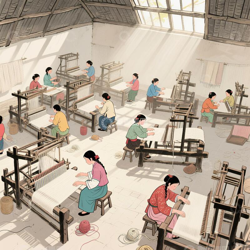 高清大图下载【趣麦麦图】织布作坊工作场景