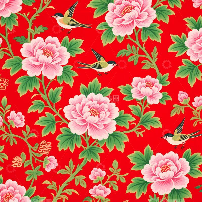 高清大图下载【趣麦麦图】大红底怀旧牡丹麻雀图案
