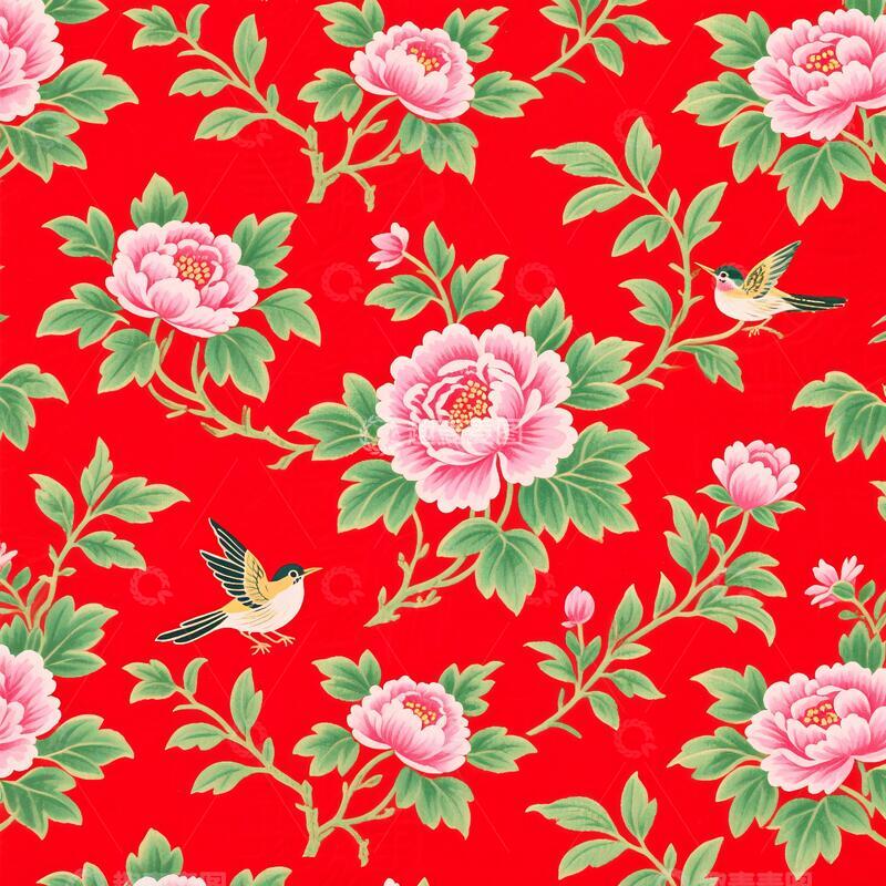 高清大图下载【趣麦麦图】传统怀旧大红色牡丹图案