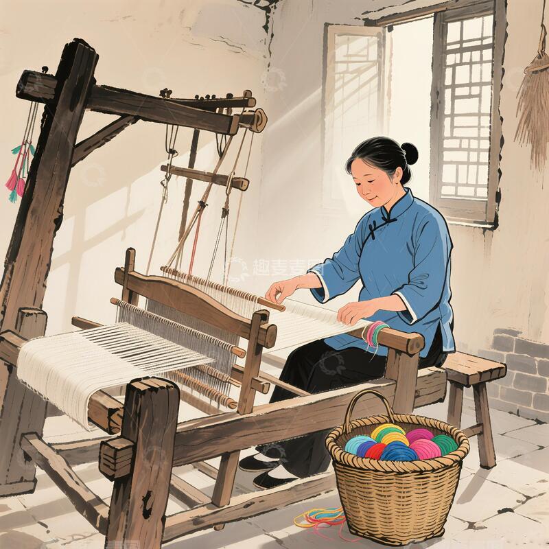 高清大图下载【趣麦麦图】老奶奶织布过程