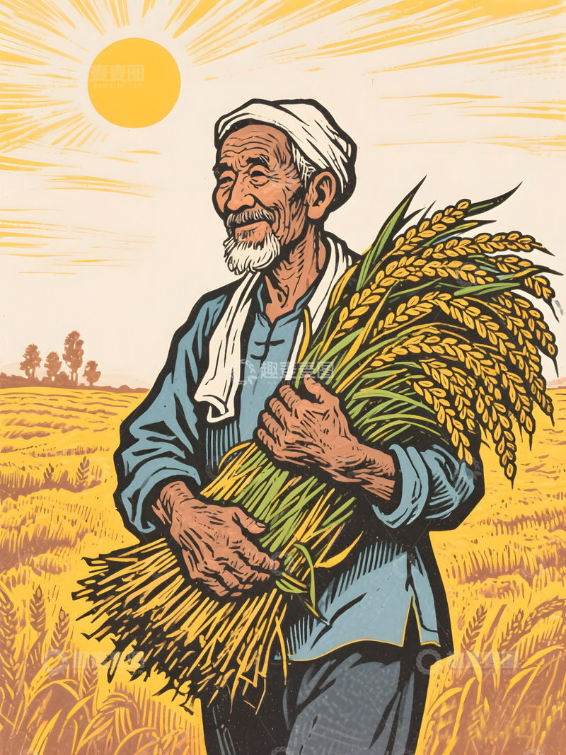 高清大图下载【趣麦麦图】农民秋收稻谷丰收插图