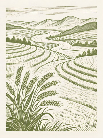 农村田野梯田山峰版画