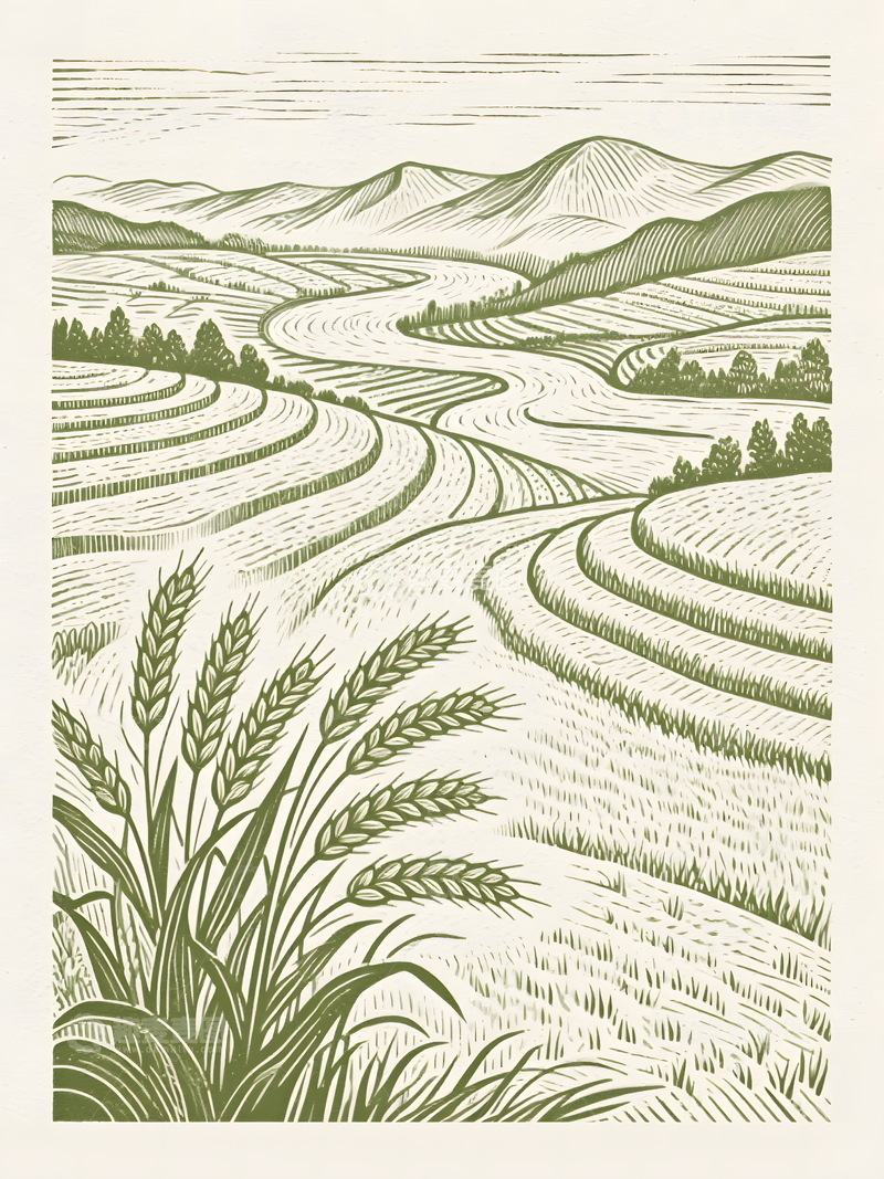 高清大图下载【趣麦麦图】农村田野梯田山峰版画