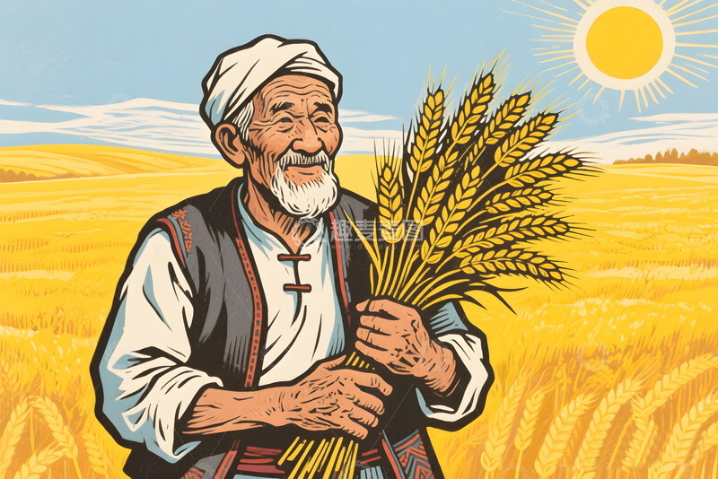 高清大图下载【趣麦麦图】老农民麦田小麦插画