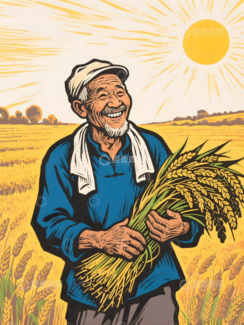 高清大图下载【趣麦麦图】农民与稻谷丰收插画