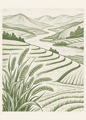 农村田野梯田山峰版画插画