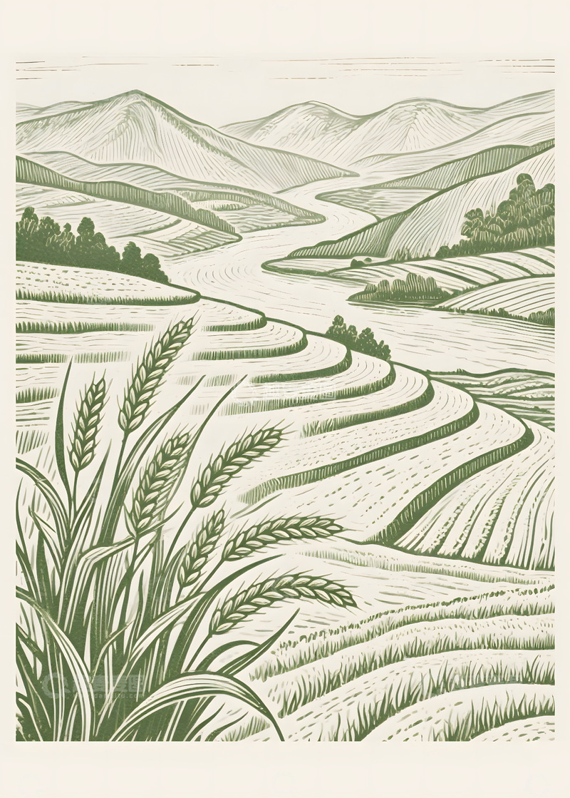 高清大图下载【趣麦麦图】农村田野梯田山峰版画插画
