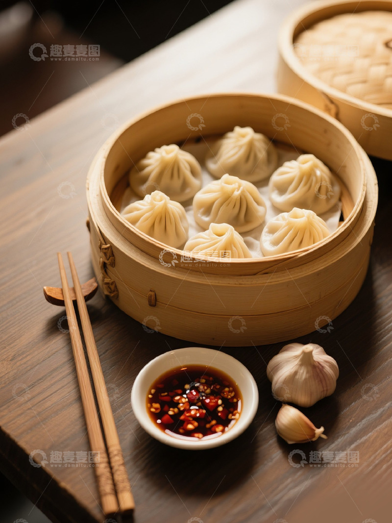 高清大图下载【趣麦麦图】餐桌上的一屉小笼包配醋和大蒜