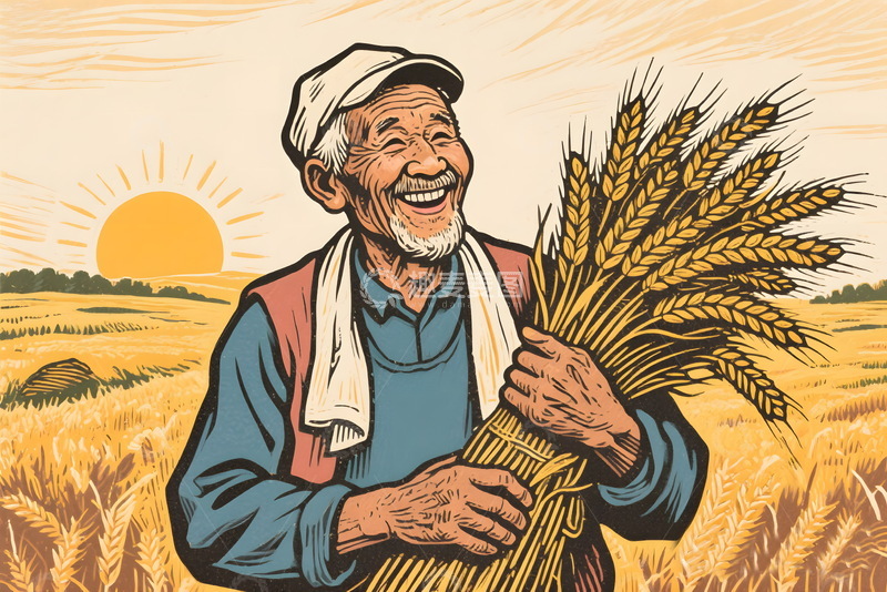 高清大图下载【趣麦麦图】老农民麦穗麦田插画