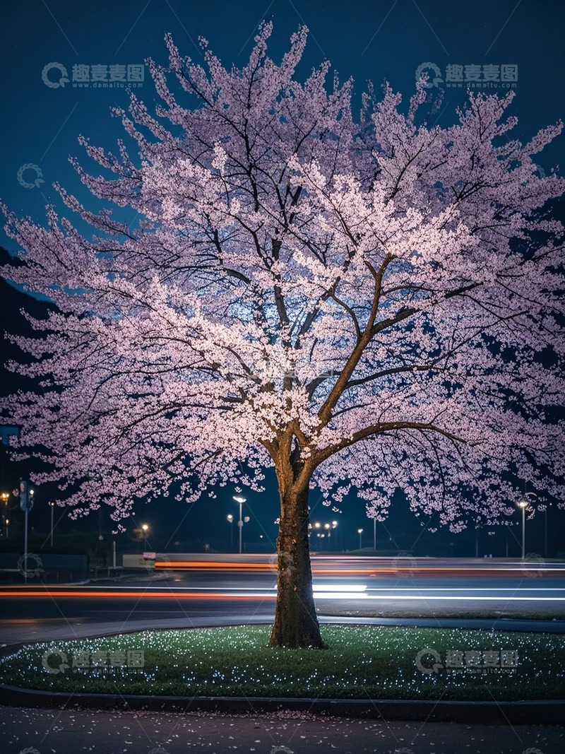 高清大图下载【趣麦麦图】AICG摄影图写实夜晚樱花树场景素材1