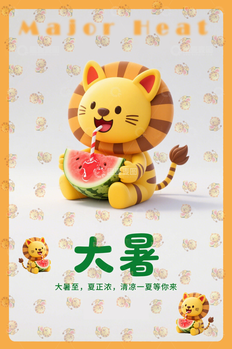 高清大图下载【趣麦麦图】大暑节气小狮子素材海报