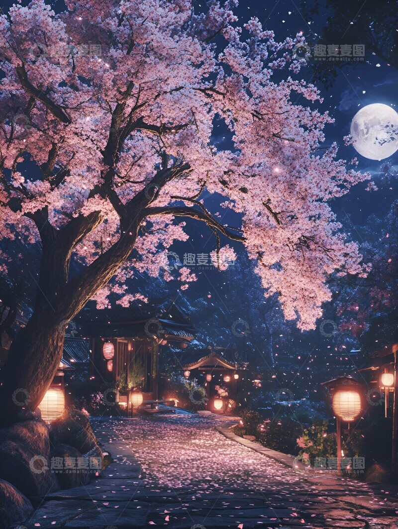 高清大图下载【趣麦麦图】AICG摄影图写实月色樱花树场景素材
