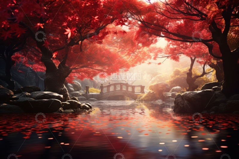 高清大图下载【趣麦麦图】红色的枫树林河流自然美景