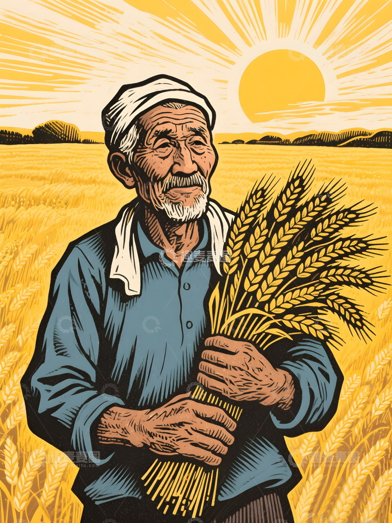 高清大图下载【趣麦麦图】老农民麦穗麦田背景插画