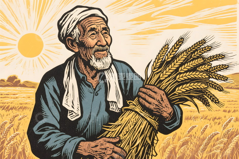 高清大图下载【趣麦麦图】老农民麦穗麦田小麦背景插画