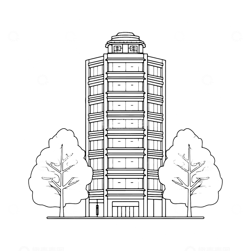 黑白色高楼建筑线稿