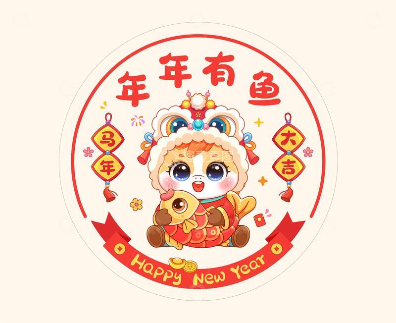 马年抱锦鲤喜庆窗花插画