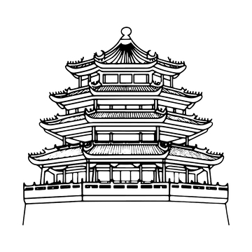 古代角楼黑白建筑线稿