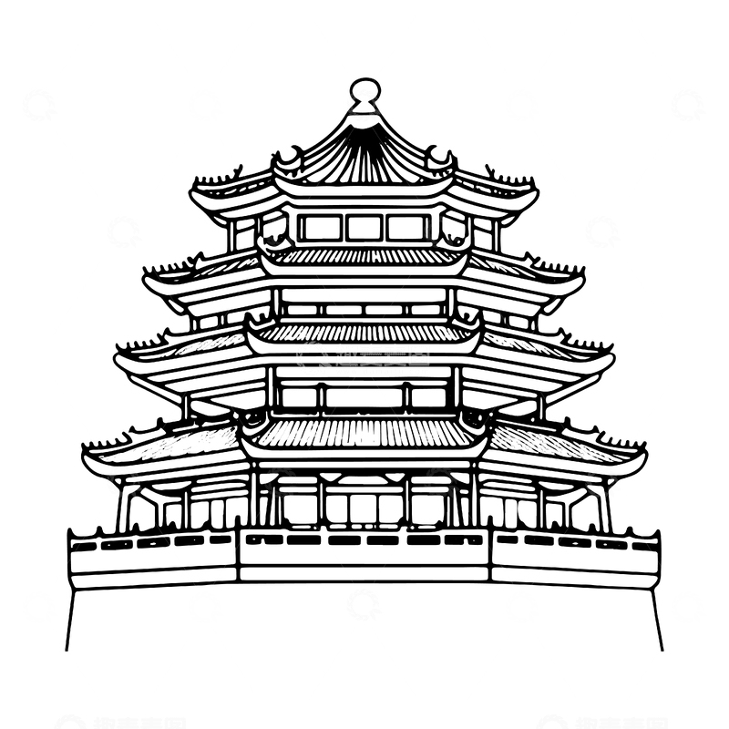 源文件下载【趣麦麦图】-古代角楼黑白建筑线稿