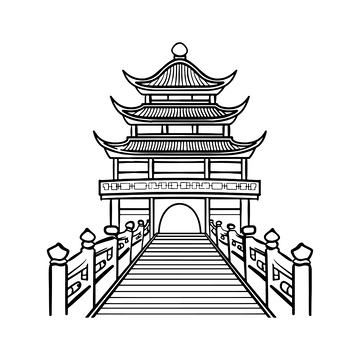 角楼长桥建筑线稿