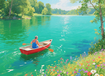 在湖里划船游玩