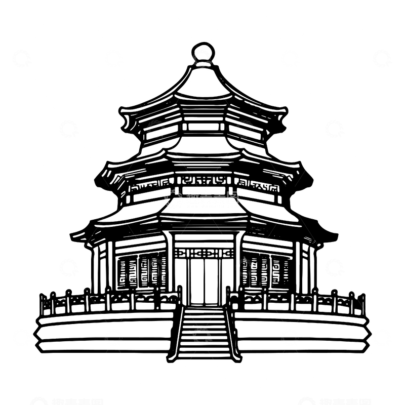 源文件下载【趣麦麦图】-凉亭建筑角楼线稿