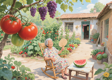 奶奶在院子里乘凉吃西瓜