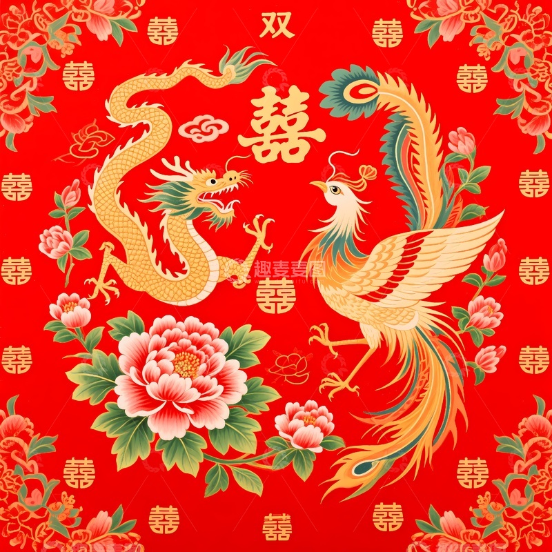 高清大图下载【趣麦麦图】龙凤牡丹喜庆图案