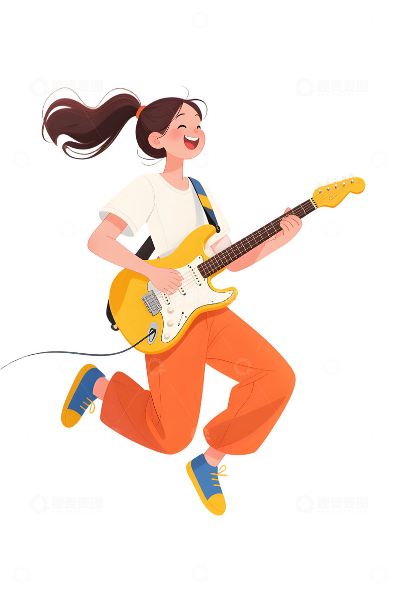 高清大图下载【趣麦麦图】插画风格 &ldquo;吉他女孩的动感瞬间&rdquo; 形象