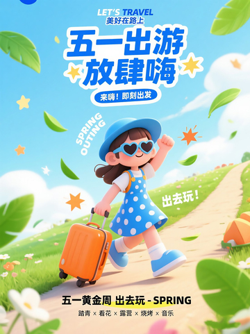 五一出游卡通风格宣传海报