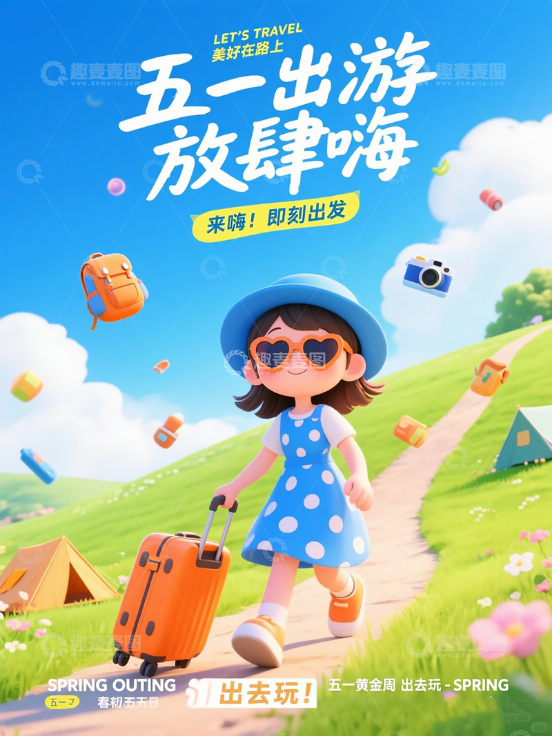 五一出游为主题的卡通风海