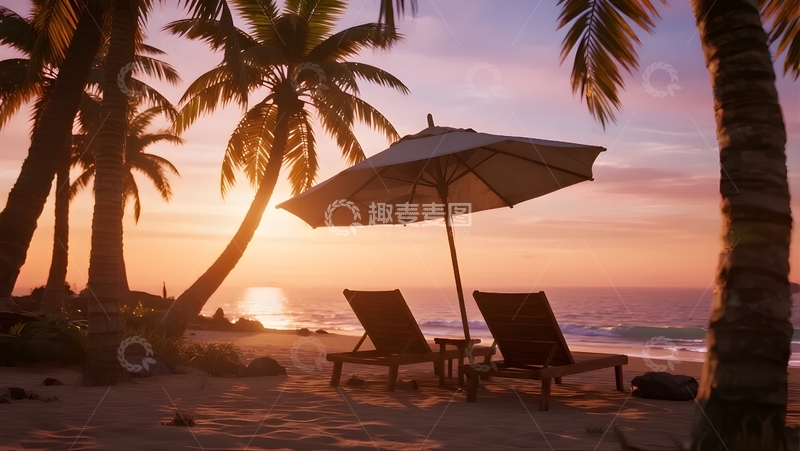 高清大图下载【趣麦麦图】椰林沙滩，日落休闲时光