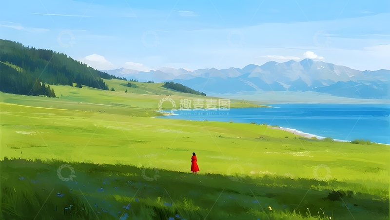 高清大图下载【趣麦麦图】山水间，红衣人草原漫步