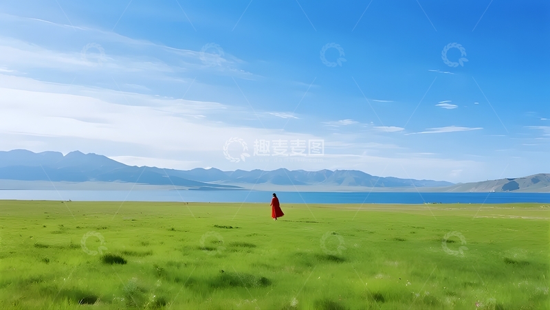 高清大图下载【趣麦麦图】红衣人草原观湖景