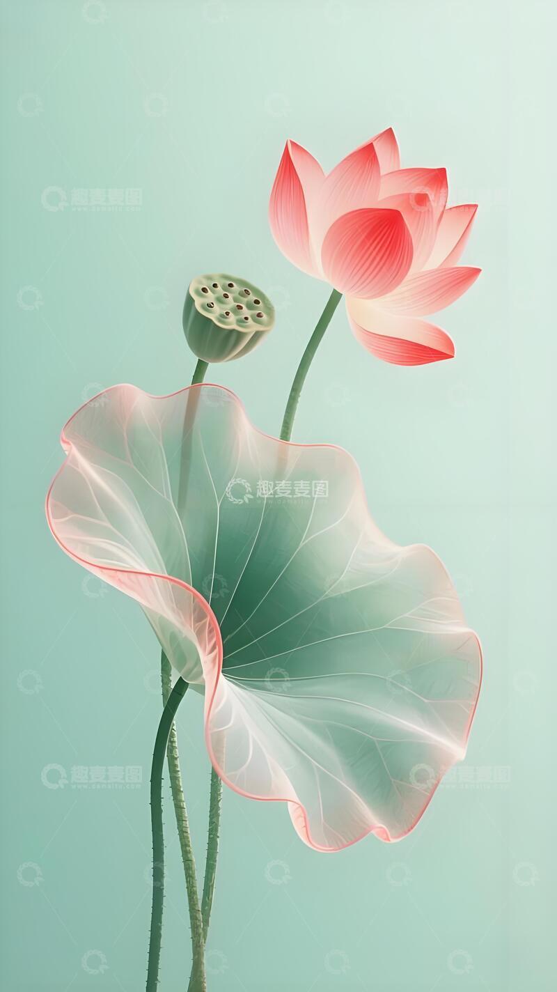 高清大图下载【趣麦麦图】国风意境荷花与荷叶插画4