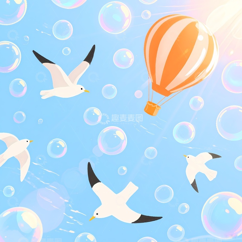 高清大图下载【趣麦麦图】蓝天海鸥热气球图案